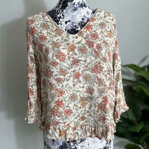 Anthro Cynthia Rowley flora print top ruffled trim 3/4 sleeve size small